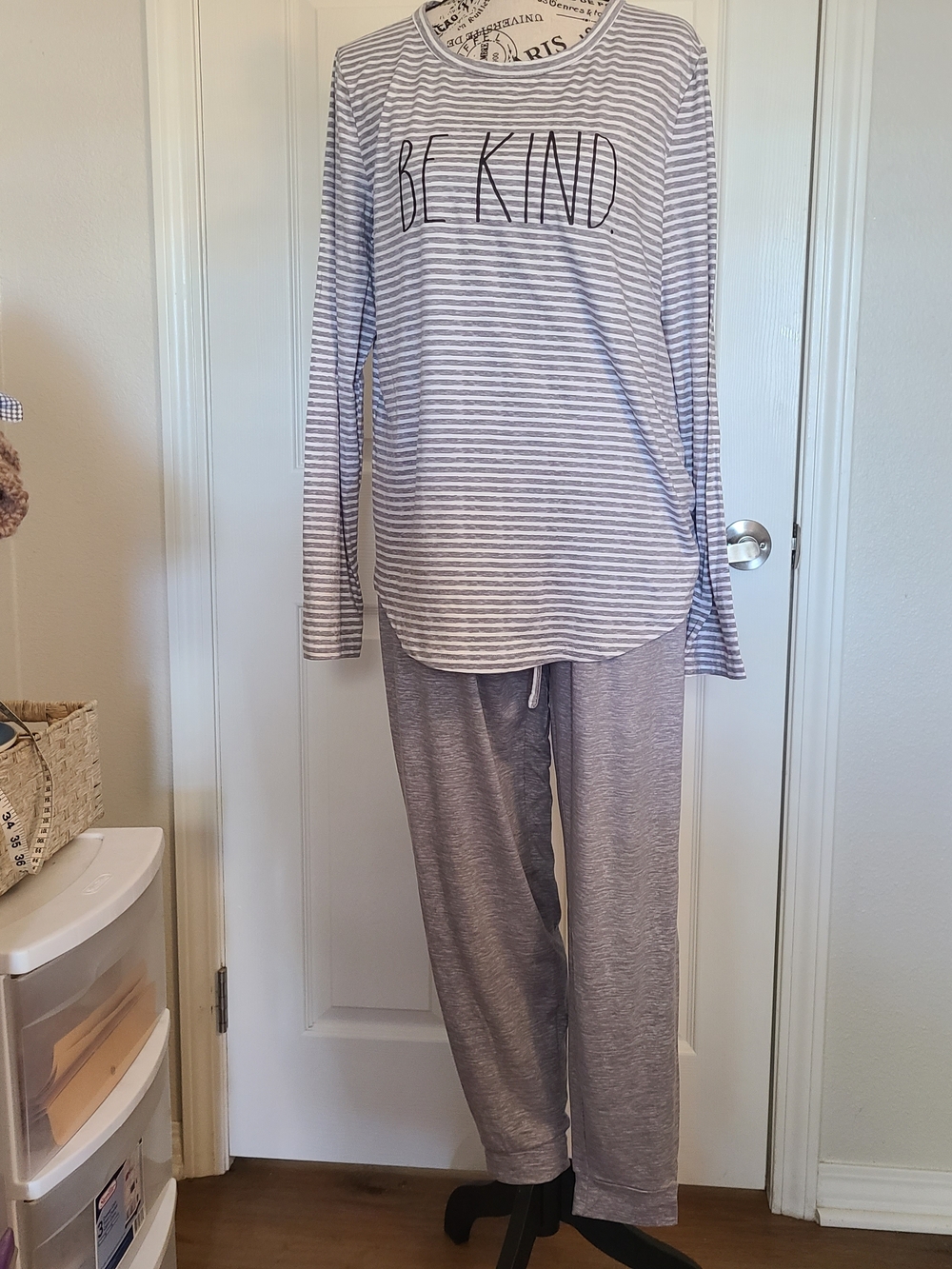 Rae Dunn Gray Striped "BE KIND" Kids Pajama Set